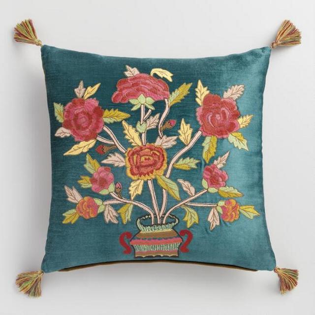 Teal Velvet Floral Chinoiserie Throw Pillow