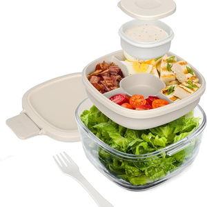 Bentgo Glass Salad Container - 7.6-Cup Salad Bowl with Airtight Lid, Leak-Proof Sauce Container, 4-Compartment Bento Tray & Reusable Fork - BPA-Free for Meal Prep, Office & More (White Stone Tan)