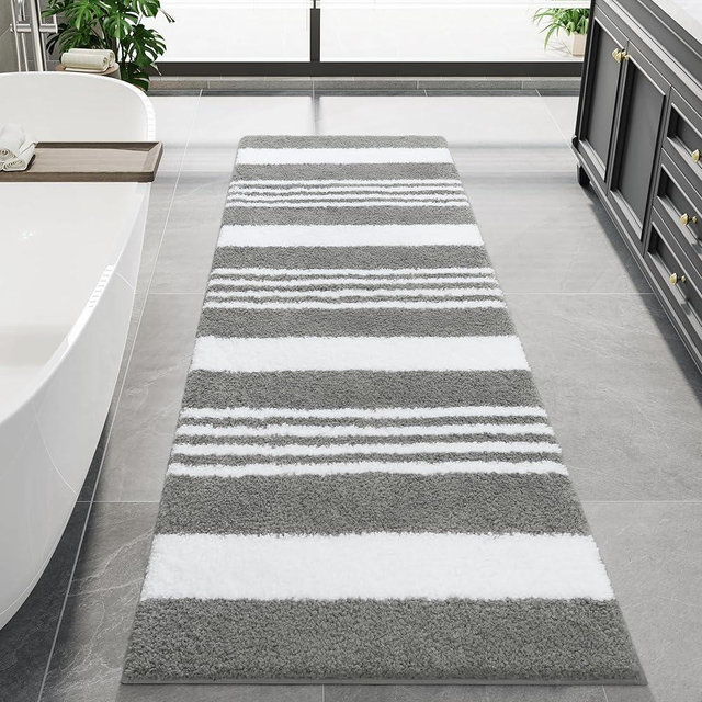 LOCHAS Long Bathroom Rugs Runner, 24" x 60" Large Bath Rug Non Slip Absorbent, Washable Microfiber Bathroom Mat Luxury Fluffy Soft, Shaggy Bath Mats for Shower Quick Dry, Grey