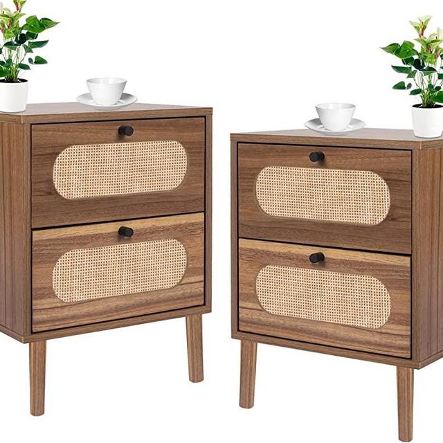 Modern Nightstand Set of 2 - Mid Century Bedside Nightstand with Drawers, Night Stand Drawers Rattan Bedroom Stand, 2 Drawer End Table Living Room Side Table, Boho Nightstand Set of 2