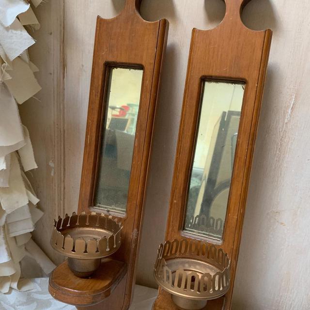 Vintage Wooden Wall Sconces with Brass Candle Holder and Mirror, Pair of Wood Wall Hanging Candle Holders, Vintage Mid Century Home Decor