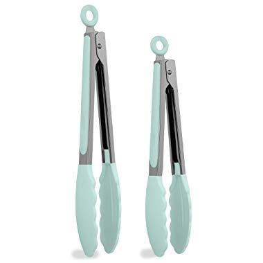 Country Kitchen Stainless Steel Silicone Tipped Kitchen Food BBQ and Cooking Tongs Set of Two 10” and 13” for Non Stick Cookware, BPA Fee, Stylish, Sturdy, Locking, Grill Tong, Gunmetal and Mint Green