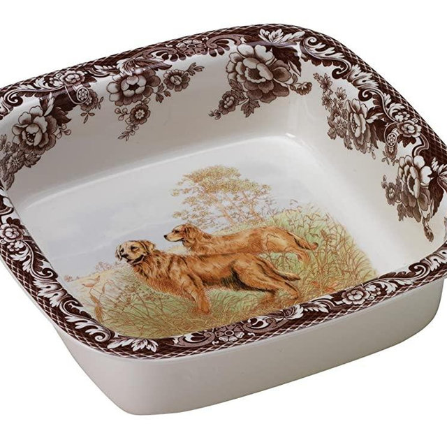 Spode Woodland Hunting Dogs Golden Retriever Square Rim Dish Oven to Table
