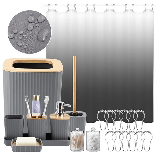 XLHOMO Bathroom Set - Grey Bathroom Accessories Set, 22PC Bathroom Accessory Set with Shower Curtain, Soap Dispenser, Toilet Brush, Trash Can, Grey Bathroom Accessories Sets Complete for Housewarming