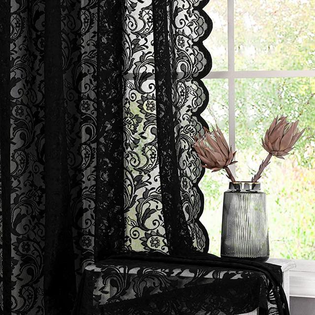 Bujasso Black Sheer Lace Curtains 84 inch Vintage Floral Sheer Window Curtain Panels for Living Room Bedroom Luxury Light Filtering Drapes Black Window Treatment Sets Rod Pocket 2 Panels 54" Wx84 L