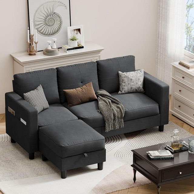 JAMFLY Convertible Sectional Couches for Living Room, L-Shaped Couch 3 Seat Sectional Sofa Set with Polyester Fabric and Movable Ottoman Small Couch for Apartments, Office, Black