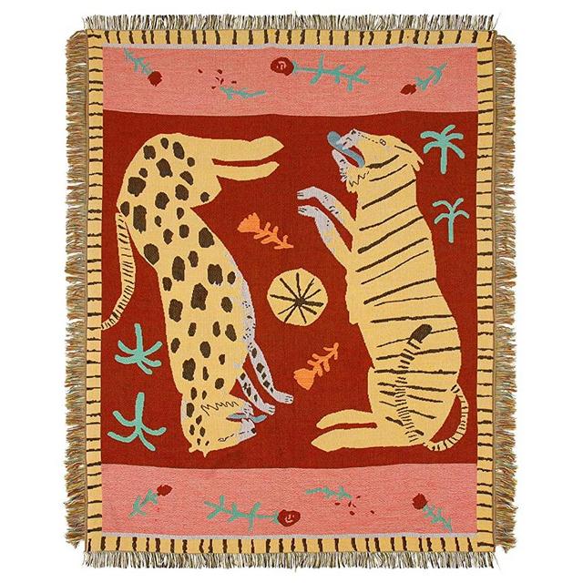 47" × 59" Leopard & Tiger Style Woven Throw Blanket- Turkish Throw Blanket Carpet Mat Reversible Cotton Woven Tapestry for Sofa Couch Bed Cover Travel Camping Using
