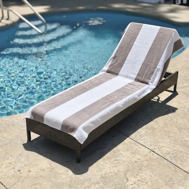 Cabana Striped Cotton Oversized Towel/Chaise Lounge Chair Cover, Fitted Pocket, Back Flap, Taupe - Blue Nile Mills