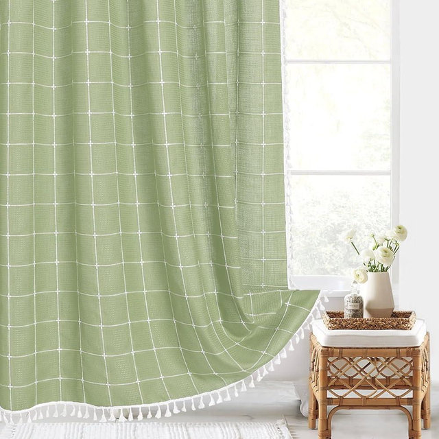 Gibelle Boho Farmhouse Shower Curtain with Tassels, Rustic Cottagecore Aesthetic Bohemian Chic Modern Bathroom Decor Thick Waffle Textured Fabric Shower Curtain Set with Hooks, Sage Green, 72x72