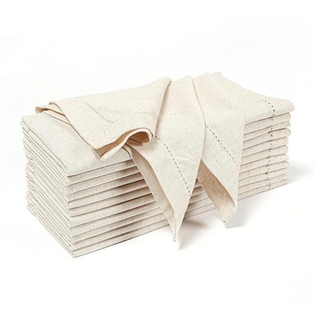 Linen Napkin, Flax Linen Cloth Napkins, Dinner Napkins, Flax Fabric with Hemstitched Detailing & Tailored Mitered Corners 18X18 - Natural Linen Napkins Set of 12