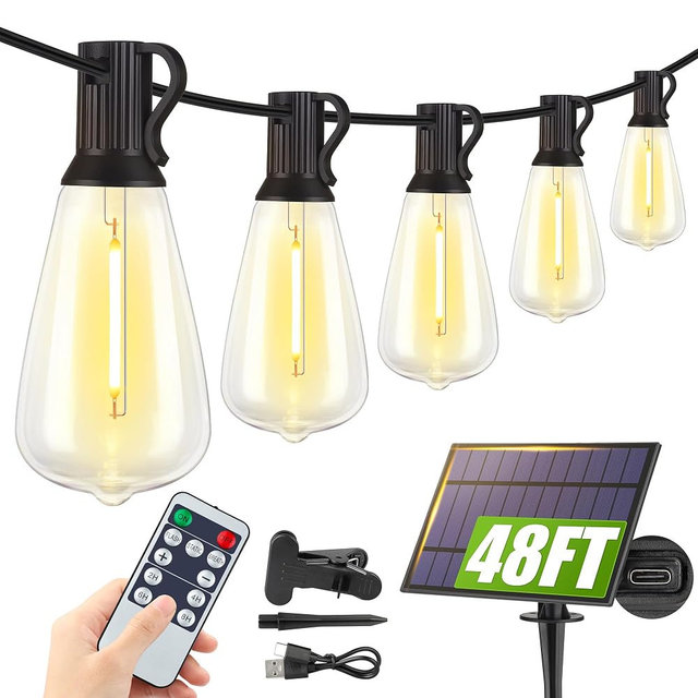Larkvue 48FT Solar String Lights Outdoor with Remote, Waterproof Dimmable Patio Lights with 15+1 LED ST38 Bulbs 3 Modes Hanging Lighting for Backyard