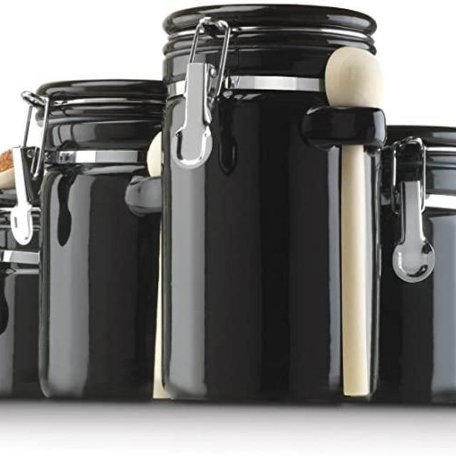 Anchor Hocking 4-Piece Ceramic Canister Set with Clamp Top Lid and Wooden Spoon, Black