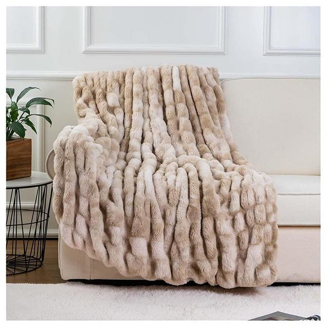 BATTILO HOME Ruched Luxury Faux Fur Throw Blanket Beige Tie-dye Rabbit Fur Blanket for Couch, Living Room, Fuzzy, Soft, Plush, Cozy, Elegant with Reversible Mink Blanket Beige, 60"x80"