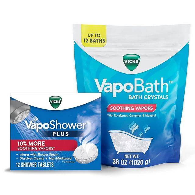 Vicks VapoShower Plus, Shower Bomb Tablets, Soothing Non-Medicated Vapors, 12 Tablets & Vicks VapoBath Bath Crystals, 36 oz Soothing Bath Soaking Solution, Steam Aromatherapy w/Eucalyptus & Menthol