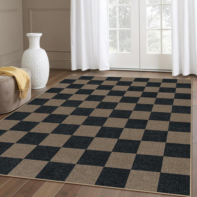 Lahome Checkered Easy Jute Living Room Rugs, 5x7 Black Dining Room Office Rug Farmhouse Washable Carpet, Checkerboard Neutral Non Slip Indoor Outdoor Carpet for Bedroom Entry Patio