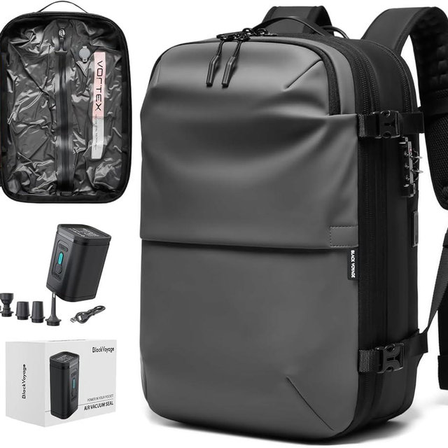 BlackVoyage Vortex Vacuum Seal Travel Backpack 60L Expandable Air Compression System Water Resistant TSA Lock Carry-On Suitcase Luggage Gray AERO - Vacuum Pump Included