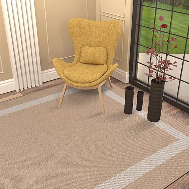 CAMILSON Outdoor Rug - Modern Area Rugs for Indoor and Outdoor patios, Kitchen and Hallway mats - Washable Outside Carpet (8x10, Bordered - Beige / White)