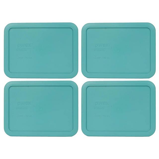 Pyrex 7210-PC 3 Cup Turquoise Rectangle Plastic Food Storage Lid - 4 Pack