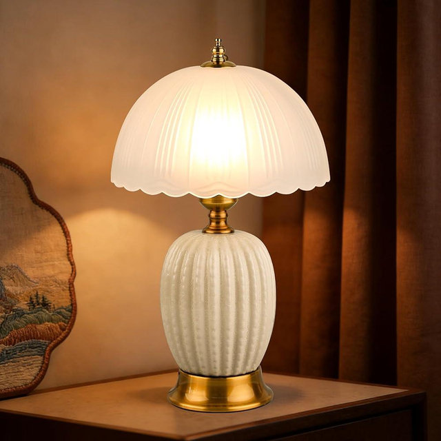 URLIGHTS 15.7" Cactus Table Lamp, Creamy White Ice Crackle Ceramic Base with Scalloped Frosted Glass Shade, 3-Color Dimmable LED Bedside Lamp for Bedroom & Living Room, Aesthetic Decor, Bulb Included