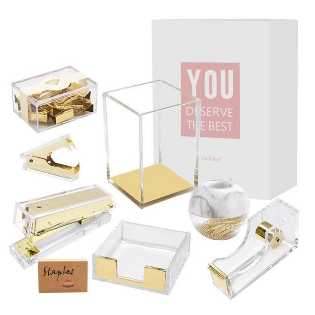 Multibey Gold Acrylic Office Supplies Desk Organizer Set Stapler Tape Dispenser Staples Remover Sticky Note Tray Paper Clip Dispenser Pencil Organization Pen Holder Binder Clips Decor (Clear Gold)