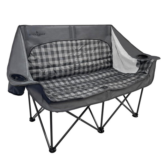 Black Sierra Double Padded Folding Camping Chair, Oversized Folding Camp Sofa, Portable Outdoor Loveseat Supports 500 lbs, Perfect for Beach, Tailgating, RV, Sports, Patio