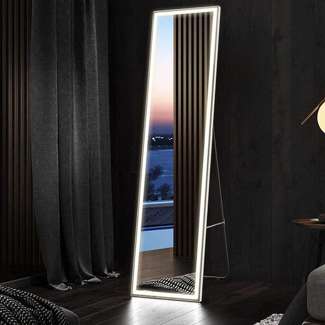 LVSOMT 63"x16" LED Lighted Wall Mounted Mirror, Full Length Floor Mirror, Hanging Makeup Vanity Mirror with Remote Controller, 3 Color & Stepless Dimmable Lighting for Bedroom Living Room