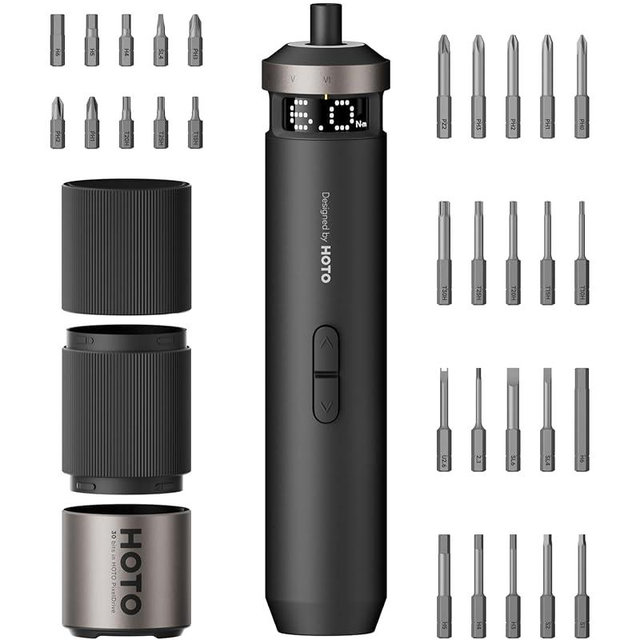 HOTO PixelDrive Electric Screwdriver, Smart Display, 6 Torque Settings, 0.5 to 6 N·m, 1/4'' Hex 30 Bits, LED Light, 2000 mAh Rechargeable Cordless Screwdriver Set for Electronics, Home Repair
