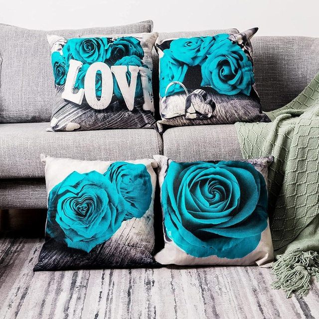 Teal Blue Flower Throw Pillow Covers for Outdoor Patio Furniture Decorative Floral Square Cotton Linen Pillow Cover 18x18 Set of 4 Rose Cushion Cases Sofa Couch Living Room Bedroom Home Decorations
