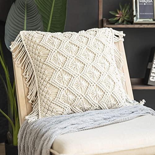 Phantoscope 100% Cotton Handmade Crochet Diamond Woven Boho with Fringe Throw Pillow Farmhouse Pillow Insert Included Decorative Cushion for Couch Sofa Off White 18 x 18 inches