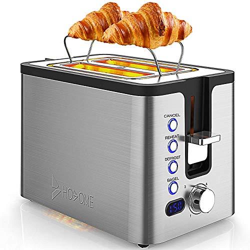 2 Slice Toaster, Hosome Stainless Steel Bread Bagel Toaster Extra Wide Slots Toasters with Warming Rack, 6 Shade Settings, LED Display, Removable Crumb Tray, Bagel/Defrost/Reheat/Cancel Function, 800W