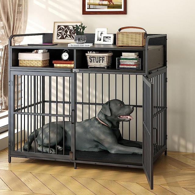 Saudism Dog Crate for Large Dogs, Black Furniture Dog Crate, Large Dog Kennel Indoor, Heavy Duty Wood Dog Cage Table with Drawers Storage, Sturdy Metal, Inner Size: 39.4" L x 22.5" W x 23.3" H
