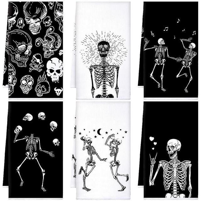 Bencailor 6 Pcs Dish Hand Towel Decorative Kitchen Towel with Hanging Loop Halloween Reusable Towel Cute Absorbent Washable Cleaning Cloth for Women, 16 x 24'' (Black, White, Skull)