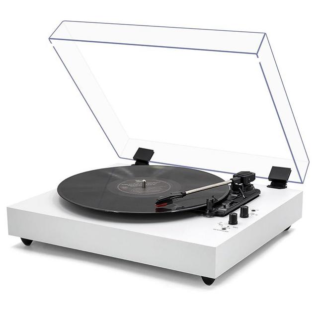Vintage 3-Speed Turntable Bluetooth Input Record Player Vinyl Record Player with Twin Built-in Stereo Speakers,Auto Stop,RCA Output, Full Size Platter,Acrylic Dust Cover,White Leather