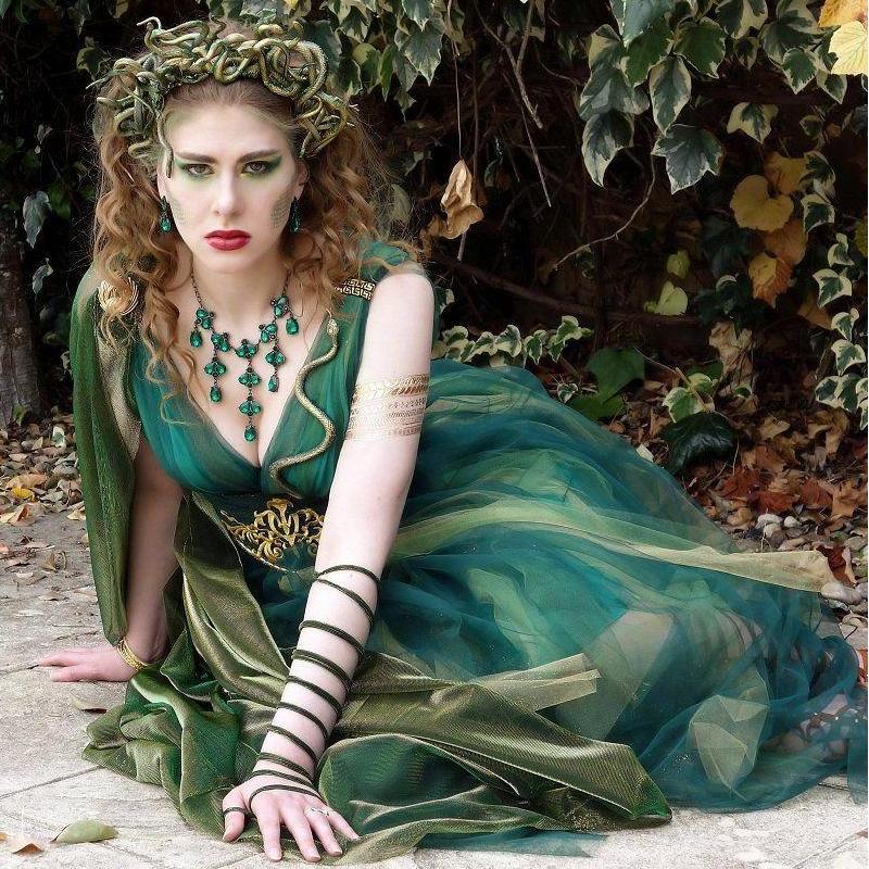 Medusa with nice dress, sandals, makeup, and jewelry!