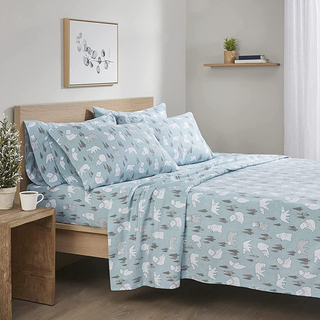 Comfort Spaces Cotton Flannel Breathable Warm, Deep Pocket Sheets with Pillow Case Bedding, Queen, Blue Polar Bears 6 Piece