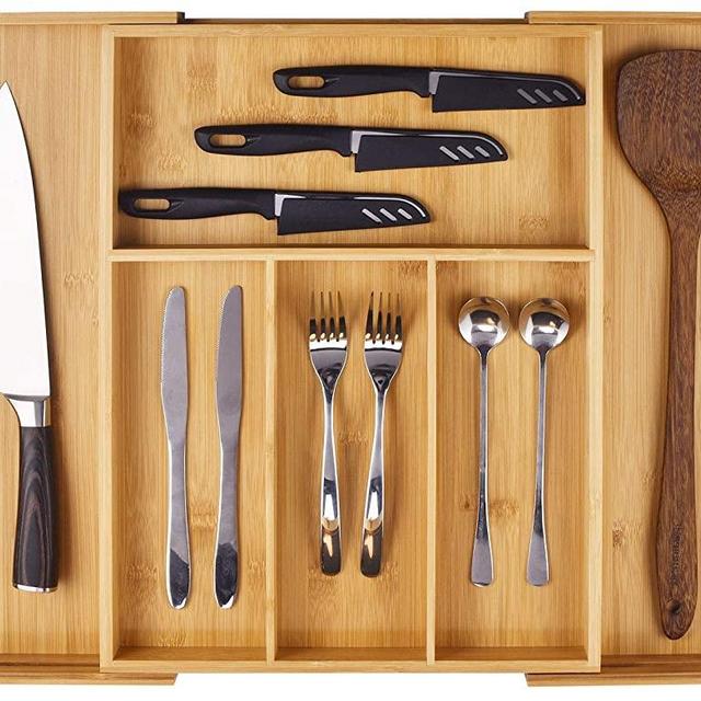 Bamboo Drawer Organizer, Expandable Silverware Drawer Organizer and Cutlery Tray, Wooden Drawer Dividers Organizer for Kitchen Utensils and Flatware (4-6 Slots)