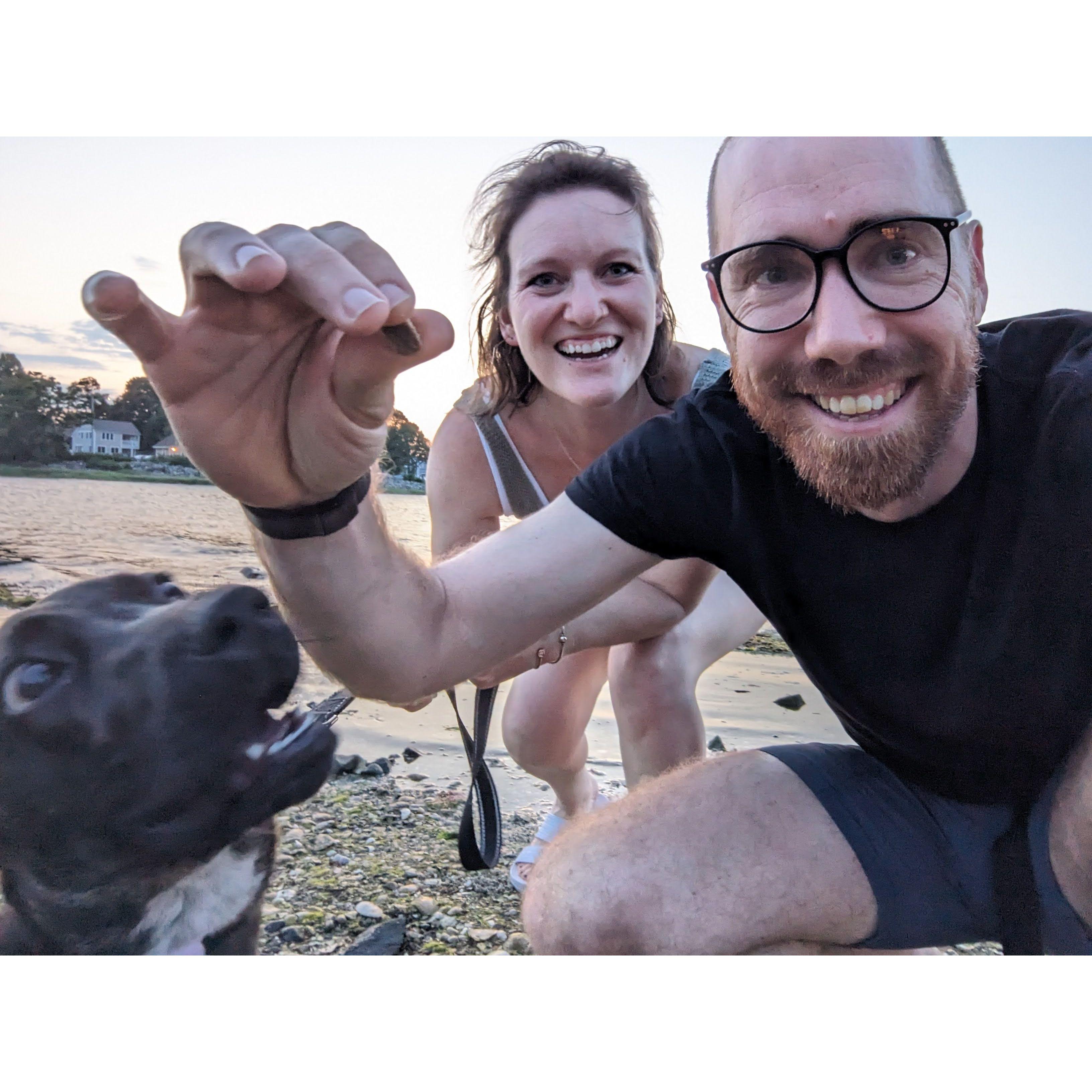First successful(ish) family picture with Bagel! On the beach near our new house