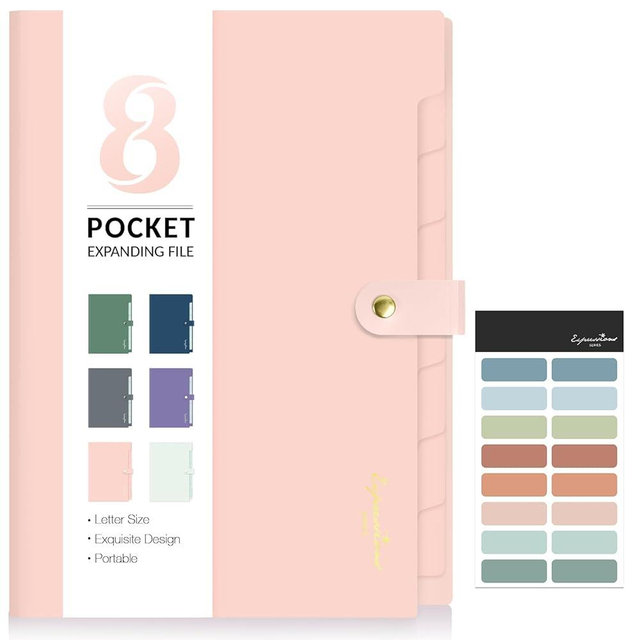 Sooez Elegant Accordion File Organizer with Labels, 8 Pocket Expanding File Folder, Portable Folders for Documents, Cute Paper Organizer for School Office Supplies, Letter Size, Pink