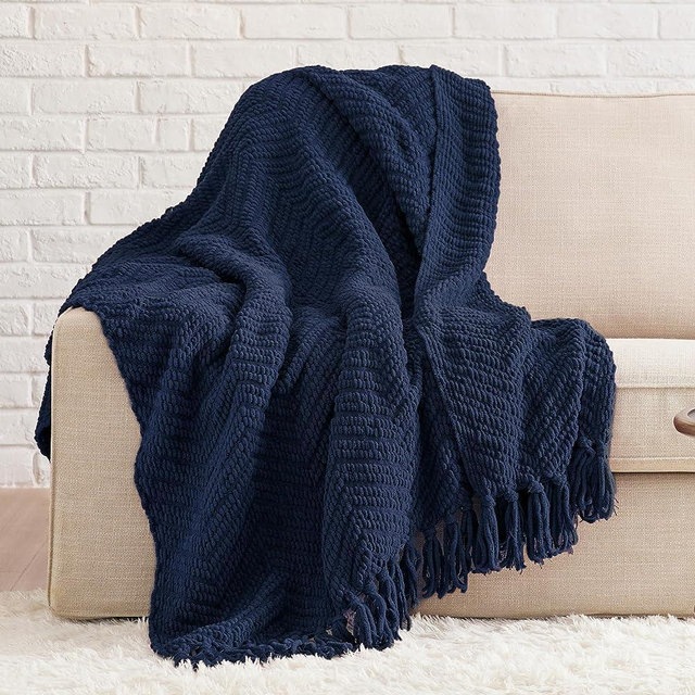 Bedsure Deep Navy Throw Blanket for Couch – Versatile Knit Woven Chenille Blanket for Chair, Super Soft, Warm & Decorative Blanket with Tassels for Bed, Sofa and Living Room (Deep Navy, Throw)