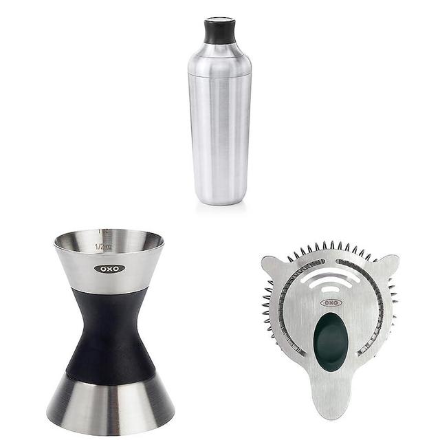 OXO Steel Single Wall Cocktail Shaker & OXO SteeL Double Jigger & OXO Cocktail Strainer, Steel
