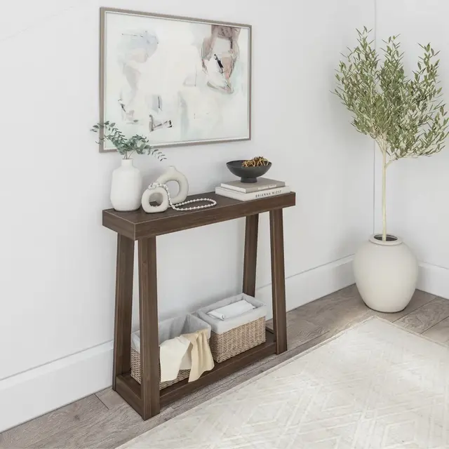 Plank+Beam 36” Solid Wood Console Table with Storage, Classic Farmhouse Style Sofa Table with Shelf, Narrow Entryway Table for Hallway, Walnut