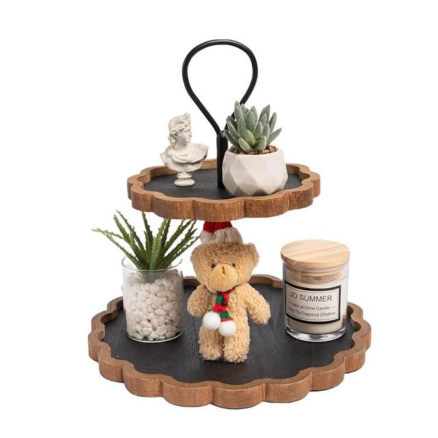 GENMOUS Scalloped Tiered Tray Stand for Farmhouse Kitchen Table Decor, 2 Tier Decorative Round Tray with Metal Handle for Coffee Table, Wooden Two Tiered Serving Tray for Party Fruits Cupcake Display
