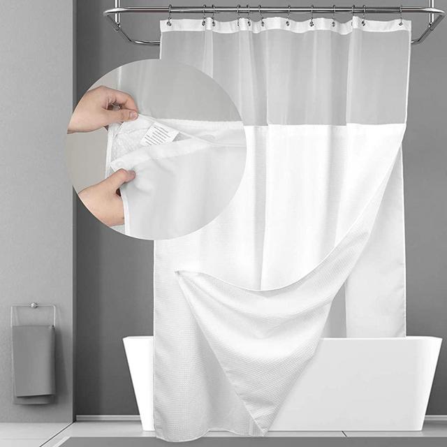 N&Y HOME Waffle Weave Shower Curtain with Snap-in Fabric Liner Set, 12 Hooks Included - Hotel Style, Waterproof & Washable, Heavyweight Fabric & Mesh Top Window - 71x72, White