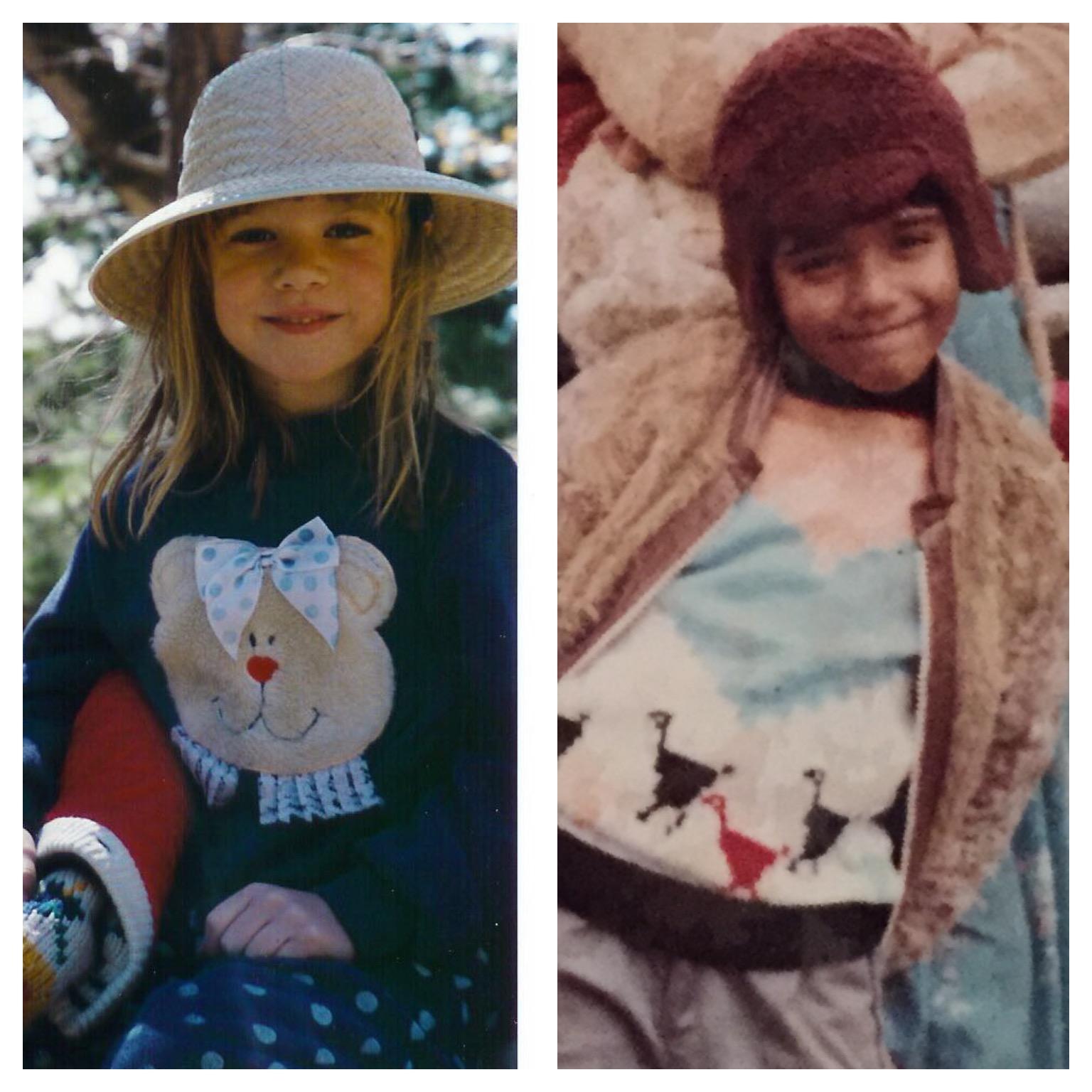 Baby Bose and Baby Erin exhibiting a similar sense of style....weirdo hats and animal sweaters