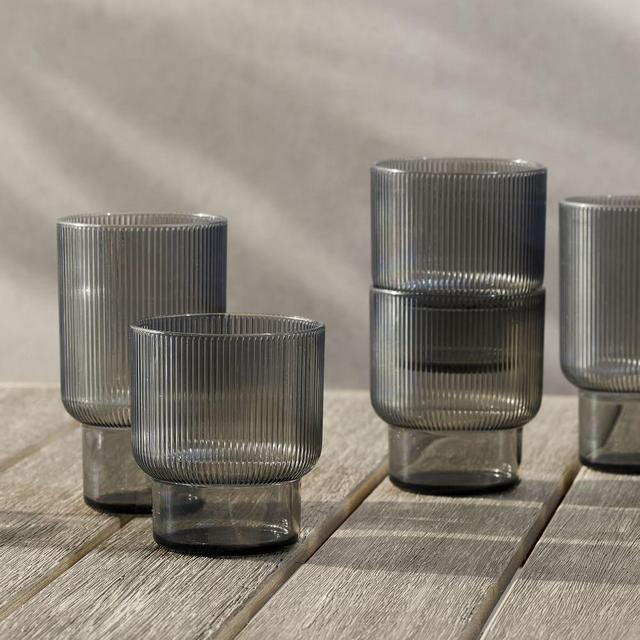 Fluted Acrylic Galssware, Double Old-Fashioned And Highball, Smoke, Set Of 16