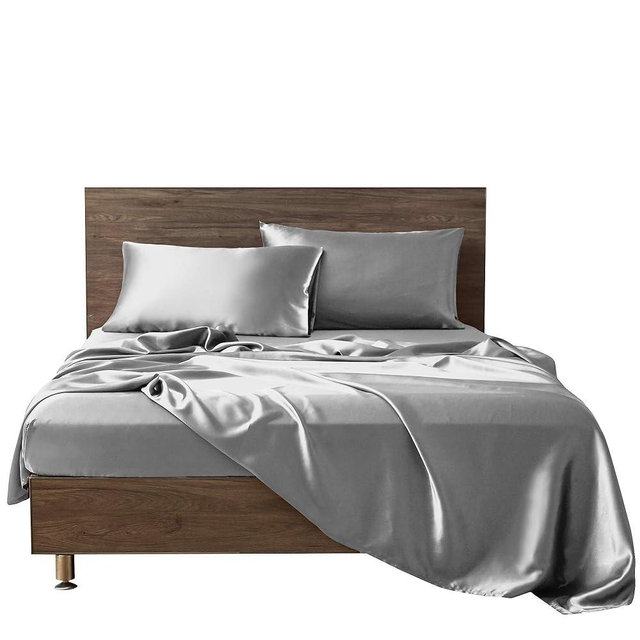 Cotton Home Depot Smooth Luxurious Silk Like Satin Silver Grey Full XL 4 Piece Sheet Set (Flat Sheet + Fitted 15" + 2 Pillowcases) Easy Fit - Breathable & Cooling Sheets - Wrinkle Free