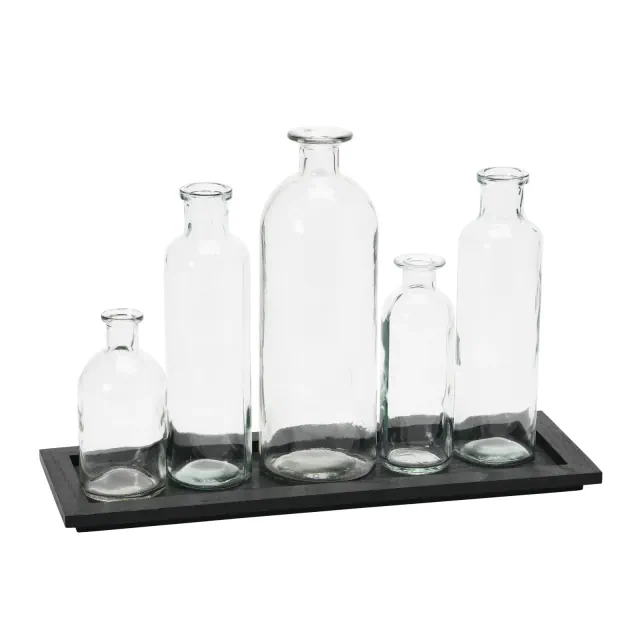 Storied Home Black Wood Tray with Glass Bottle Vases, Set of 5 Sizes