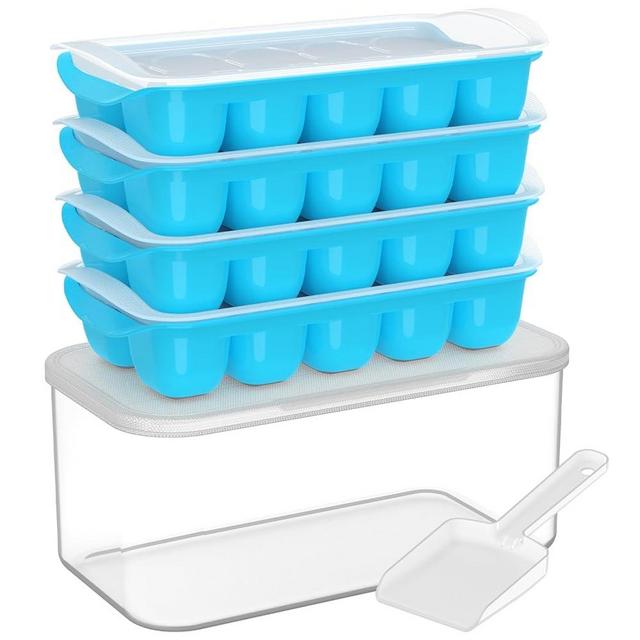 DOQAUS Ice Cube Tray with Lid and Bin - 4 Pack Ice Bucket Kits, Stackable Silicone Ice Trays for Freezer, Easy Pop Out, BPA Free for Cocktail, Coffee, Soup, Food, RV, Kitchen