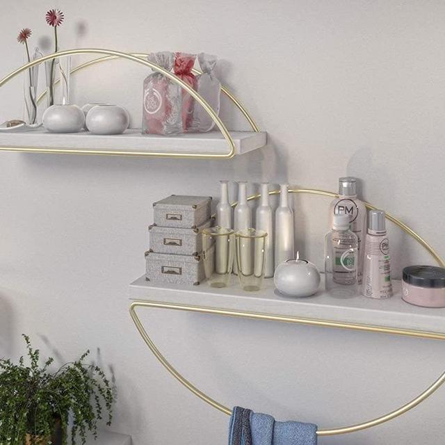 Kaliza Gold Wall Shelves White - Set of 2 Gold Wall Shelves - Wall Mounted Shelf Organizers – Polished Silver & Nickel Finish Storage Racks for Bathroom or Kitchen, Easy Assembly