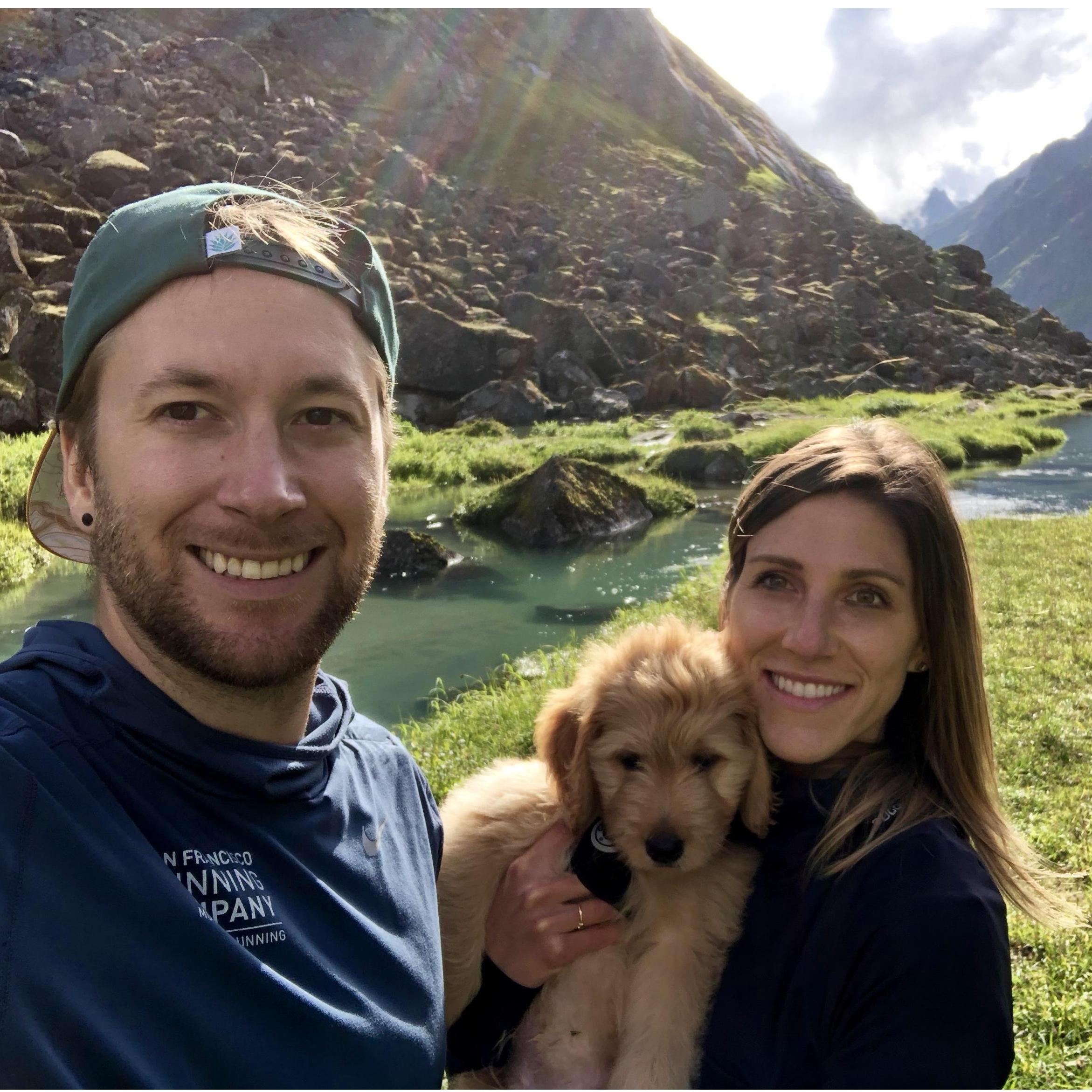 Milo's first hike, to Reed Lakes in Hatcher Pass. Just north of ANC, about hour drive, and 9 mile hike.
He spent most of the time in a backpack, don't call Animal Welfare on us.